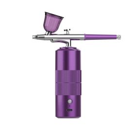 Oxygen Injector Mini Air Compressor Kit Air-Brush Paint Spray Gun Airbrush For Nail Art Tattoo Craft Cake Nano Fog Mist Sprayer - purple