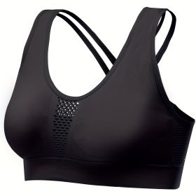 Breathable Mesh Wire-free Sports Bra, Stretchy High Impact Yoga Fitness Gym Cropped Top, Women's Activewear - Black - XL