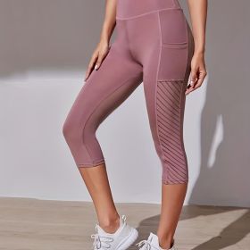 High Waist Yoga Capri Pants, Tummy Control Sports Legging Capri For Women With Out Pockets And Mesh Design - Pale Pinkish Gray - L(8/10)