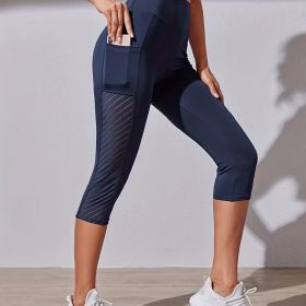 High Waist Yoga Capri Pants, Tummy Control Sports Legging Capri For Women With Out Pockets And Mesh Design - Navy Blue - XL(12)