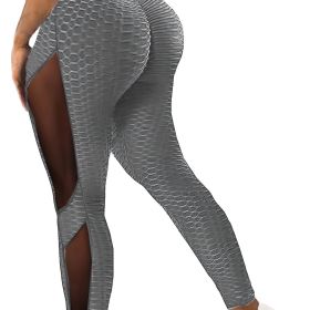 Honeycomb Mesh Contrast Leggings, Sporty Skinny High Waist Lifting Yoga Leggings, Women's Clothing - Grey - M(6)