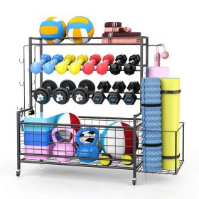 Yoga mat holder, yoga mat storage rack, home gym storage strap hook and wheels black - Black