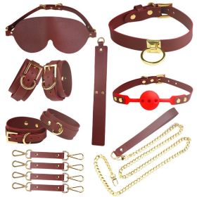 Collar Handcuffs Bondage And Discipline Toy Set (Option: SM Gold Eight Piece Set Red)